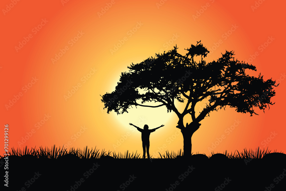 Silhouette of a tree in the sunset with a woman raising her arms to the golden sunset Freedom, success, and hope concept. vector art.