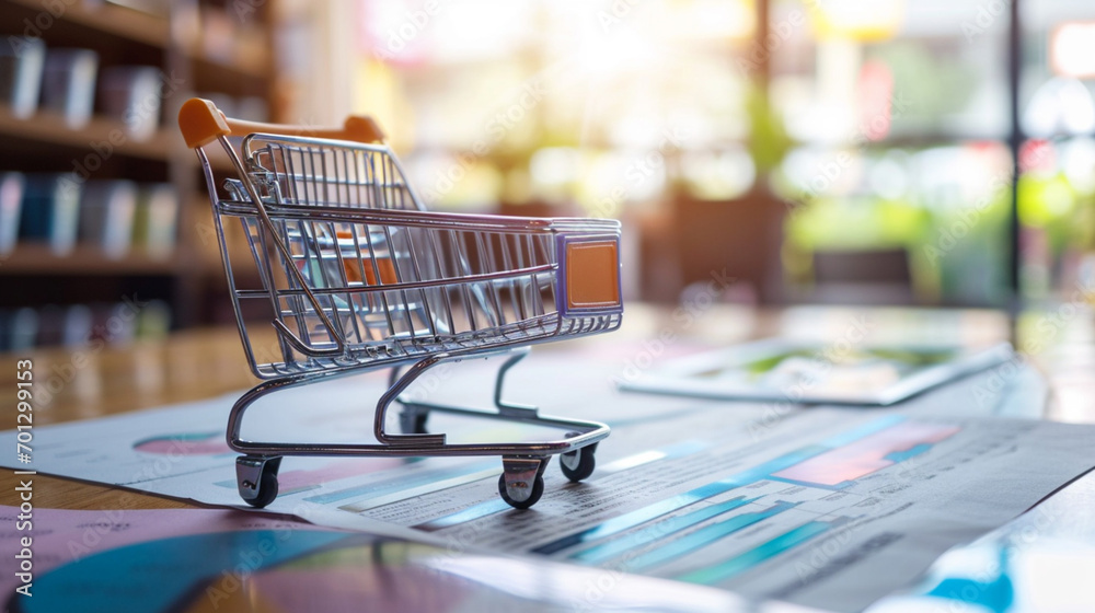 online ordering concept, small shopping cart mockup, e-commerce product receiving, online shopping