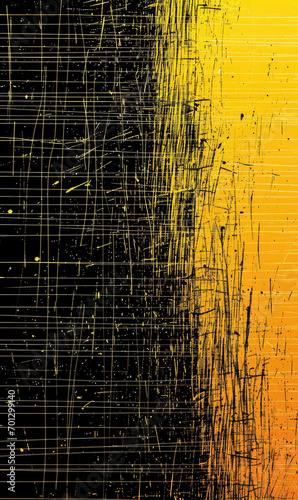 A vibrant abstract with bold yellow splashes and grunge textures on a black background.