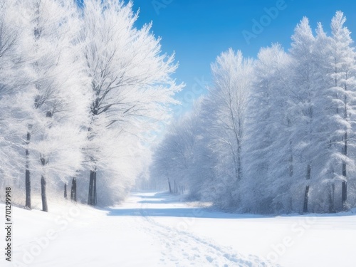 A photo of a winter morning, a snowy forest. © Romaboy