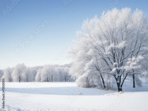 A photo of a winter morning, a snowy forest.
