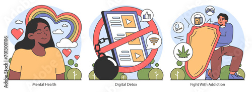 Dopamine fasting concept. Prioritizing mental health, committing to digital detox, and overcoming addictions. Encourages emotional balance and self-improvement. Flat vector illustration.
