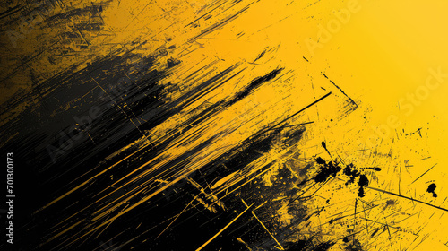 A vibrant abstract with bold yellow splashes and grunge textures on a black background.
