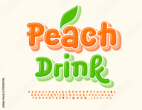 Vector cute emblem Peach Drink with decorative Leaf. Orange artistic Font. Set of handwritten Alphabet Letters, Numbers and Symbols