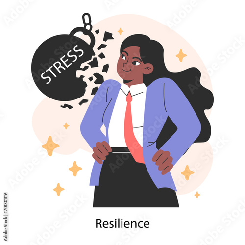 Professional burnout resilience. Young employee on fire at workplace. Office worker work-life disbalance, burning deadline and stress. Woman under job pressure. Flat vector illustration