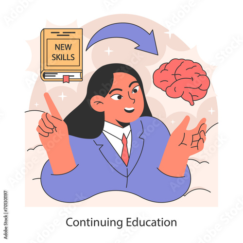Continuing education. Lifelong learning and skill acquisition showcased by an enthusiastic professional female worker. Embracing knowledge for career progression. Flat vector illustration
