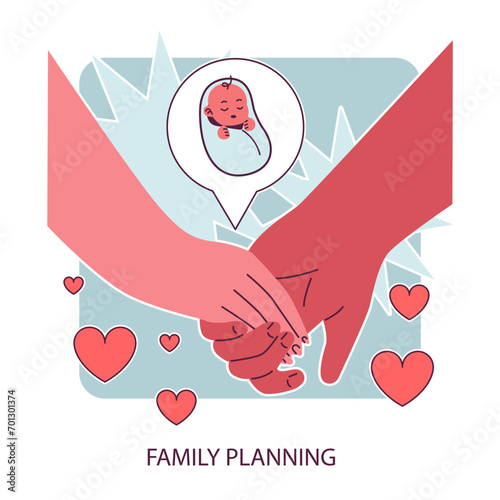 Family planning. Two hands intertwined, people holding hands. Newborn baby, pregnancy planning, reproductive choice. Flat vector illustration.