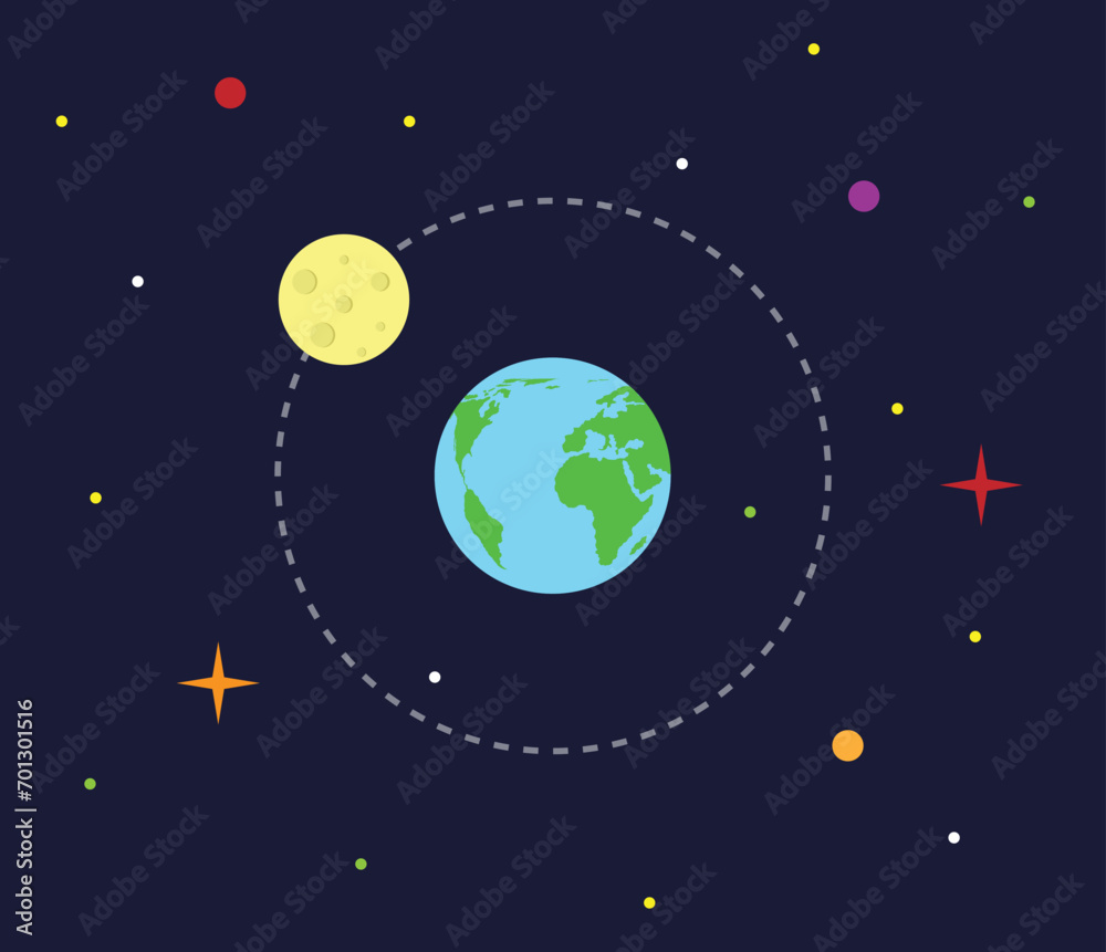 Fototapeta premium Moon Orbiting Earth and Stars Flat Style. Science and space exploration concept vector