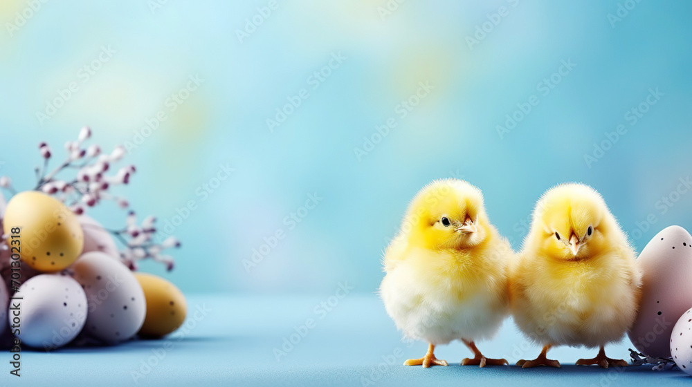 Two yellow chickens and colorful Easter eggs on a blue background. Easter card, banner. Space for text on top 