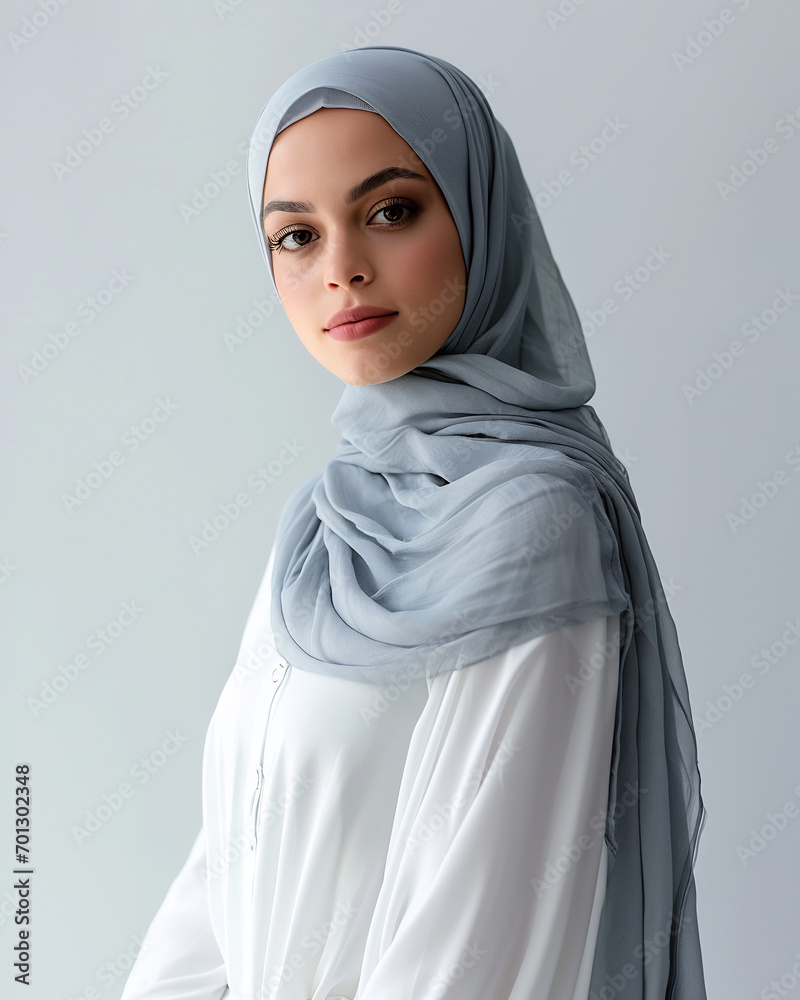 A beautiful lady in a stylish hijab wearing contemporary fashion