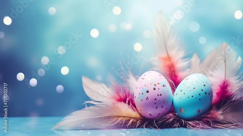 Colorful Easter eggs and fluffy feathers on a blue background, banner, Easter card, bokeh, space for text at the top
