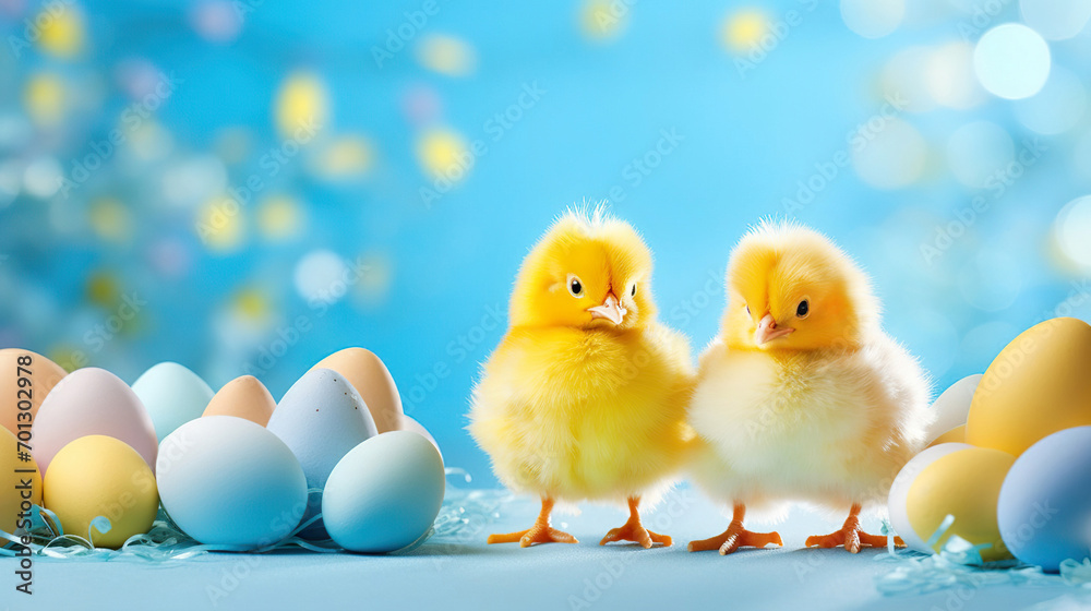 Two yellow chickens and colorful Easter eggs on a blue background. Easter card, banner. Space for text on top Two yellow chickens and colorful Easter eggs on a blue background. Easter card, banner. Space for text on top