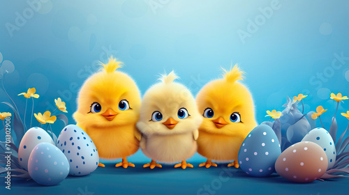 Fotografija Three cute yellow chicks and colorful easter eggs on blue background, Easter card, banner