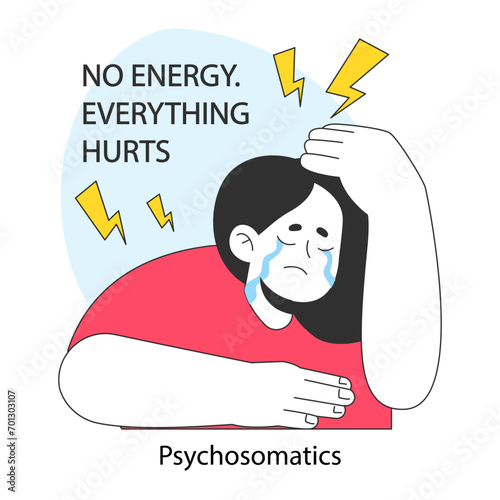 Psychosomatics. Neurosis, chronic stress and anxiety mental disorder. Crying sad woman suffering from pain and low energy. Flat vector illustration