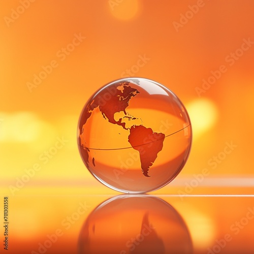 A  glase globe  with orange background, blur effect, space for text  - Generative AI © Huzaifa