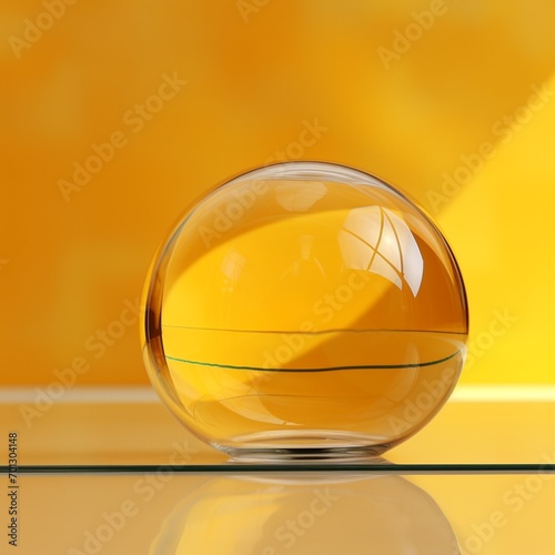 A glase globe with yellow background, blur effect, space for text - Generative AI