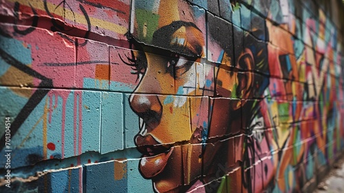 3D urban street art wallpaper, woman's fase, graffiti walls background, vibrant urban culture