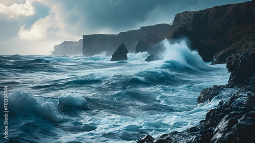 A photo of the deep ocean, with towering cliffs as the background, during a stormy twilight