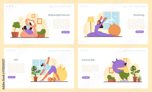 Home Workout set. Illustrations show a variety of home exercises like bodyweight routines, stretching, high-intensity intervals, and stability ball workouts for fitness diversity. vector illustration.