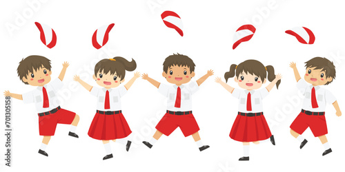 Indonesia elementary school students character vector. Happy kids students in red and white uniform jumping and throwing hats.