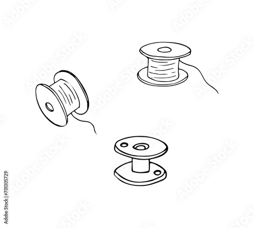 Hand-drawn bobbin winders for sewing machine thread. Isolated vector illustration.