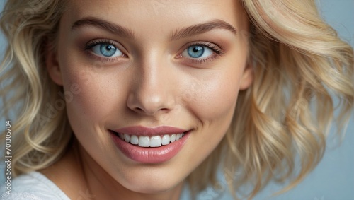 Vibrant close-up of a young blonde woman with blue eyes and a beaming smile, her light curls softly framing her face.