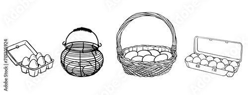 eggs,  farming outline illustration for poster, flyer, farm products package, book design. poultry farming, egg production symbol container, basket