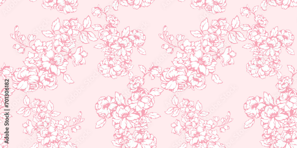 Vector hand drawn artistic  abstract branches ditsy flowers intertwined in a seamless pattern. Monotone pastel shape floral print. Template for design, textile, fashion, fabric, wallpaper