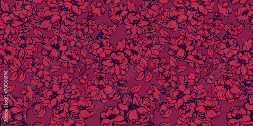Принти на полотні Monotone burgundy field blooming floral seamless pattern