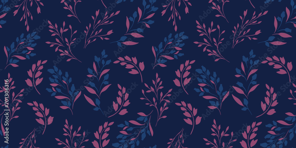 Fototapeta premium Seamless abstract creative gently floral leaf stems pattern. Vector hand drawn silhouettes shape tiny buds and branches leaves. Simple, retro, vintage black blue print. Template for design, fashion