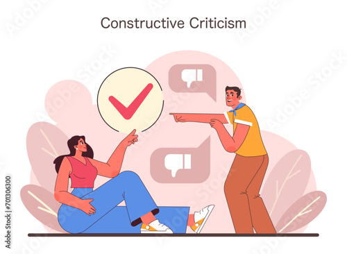 Constructive Criticism concept. Two characters engage in positive feedback, depicting respectful and effective communication. A harmonious exchange of ideas and improvements. Flat vector illustration