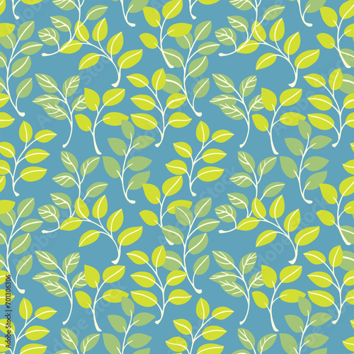 Simple abstract  green cute branches leaves intertwined in a seamless pattern on a blue background. Vector hand drawn sketch doodle leaf stems print. Template for design  fabric  fashion  wallpaper