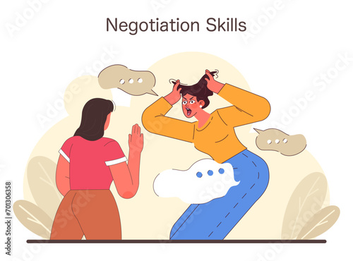 Negotiation Skills concept. A dynamic exchange portrays the challenges of assertive communication. Gestures and expressions capturing the intensity of a negotiation. Flat vector illustration