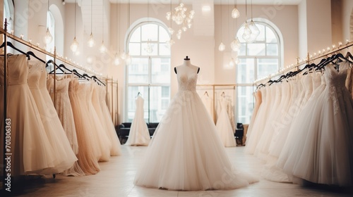 Gorgeous and sophisticated bridal dress elegantly displayed on hangers. Array of wedding dresses hanging in a boutique bridal shop salon. Blurred background in beige tones and sunlight. photo