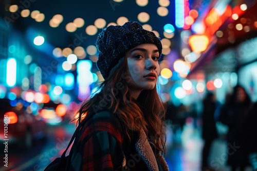 woman in a fashionable urban outfit standing sidewalk