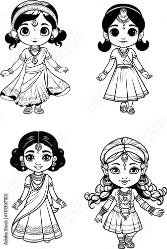 Beatiful Indian girl vector image, coloring page 