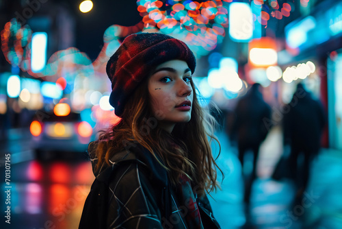 woman in a fashionable urban outfit standing sidewalk © Miftakhul Khoiri