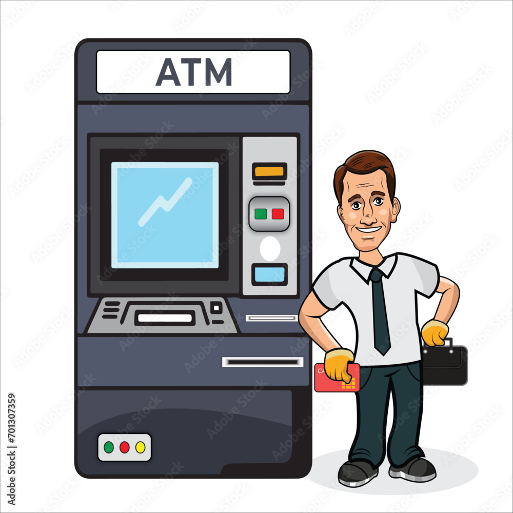 Happy man with ATM concept and holding a bag, Self service terminal for money withdraw Happy man with ATM concept and holding a bag, Self service terminal for money withdraw