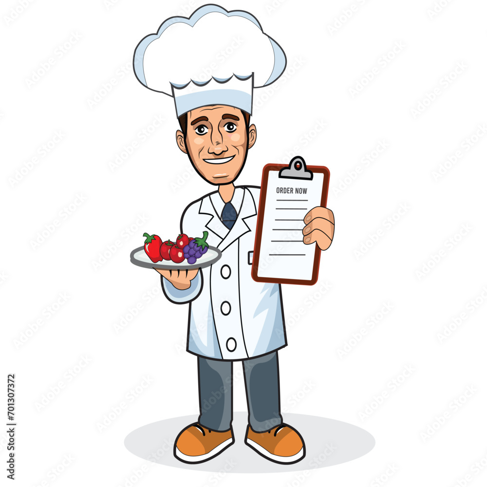 Waiter holding a tray of fruits and showing menu card 