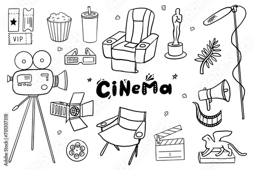 Movie and cinema theater hand drawn vector sketch collection. Multimedia maker equipment isolated on white background. Video, film production doodle design elements for poster, flyer, illustration