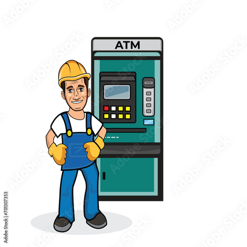 Man customer standing near ATM machine, Transactions and transfers, payments. Cashless operations