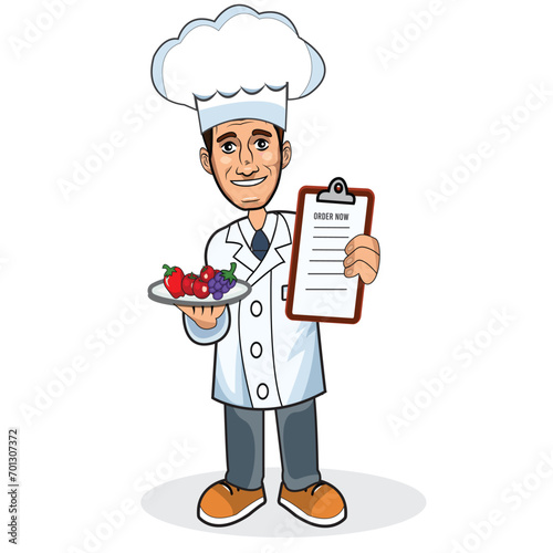 Waiter holding a tray of fruits and showing menu card 