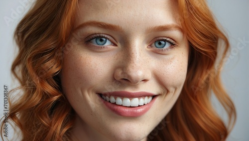 Vivid close-up of a young woman with bright ginger hair and sparkling blue eyes, offering a warm smile, freckles across her cheeks, captured with a high-definition camera in a studio setting.