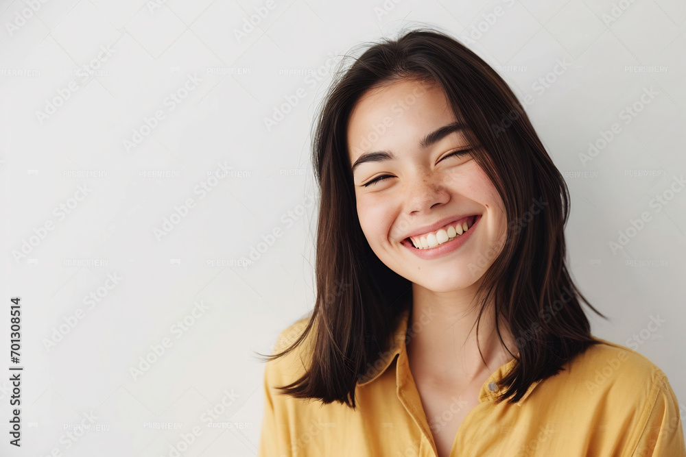 asian woman winking to camera smiling joyful standing white wall asian woman winking to camera smiling joyful standing white wall