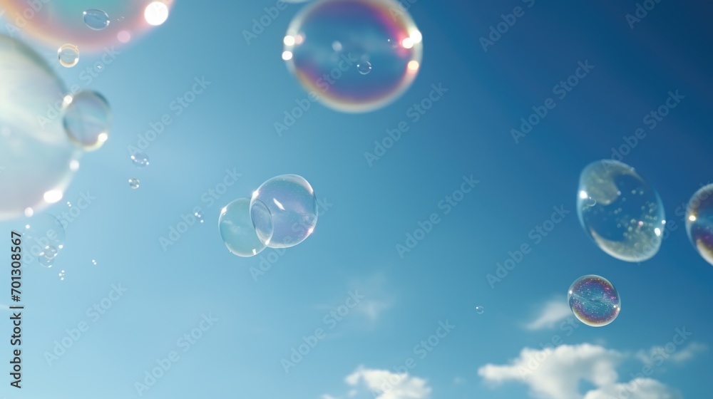 The background is a blue sky with some large bubbles and some small bubbles. White transparent bubbles. A clean background trend with larger bubbles.