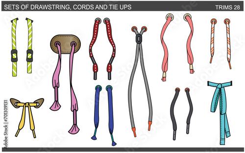 SET OF DRAWSTRINGS, CORDS AND TIE UPS FOR WAIST BAND, BAGS, SHOES, JACKETS, SHORTS, PANTS, DRESS GARMENTS, DRAWCORD AGLETS FOR CLOTHING AND ACCESSORIES VECTOR ILLUSTRATION