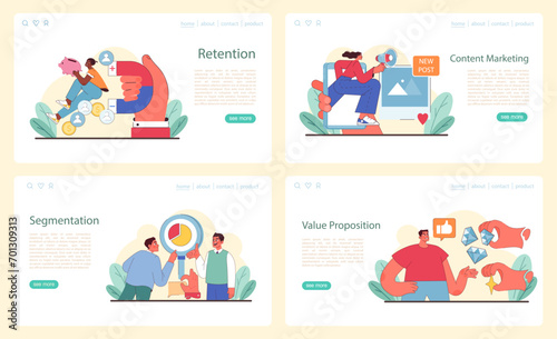 Website marketing tactics set. Illustrates customer retention, effective content marketing, segmentation strategies, and value proposition in niche markets. Flat vector illustration.
