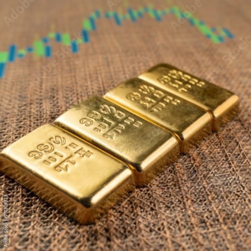 Gold trading, gold bars on fabric with stock graph chart stock market trade background, pile of gold bars financial business economy concepts, wealth and reserve success in business and finance