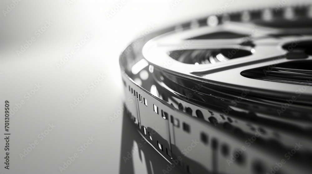 Close-up of a classic film reel in monochrome tones. - obrazy, fototapety, plakaty 