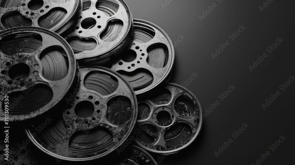 Multiple film reels with a focus on their intricate details. - obrazy, fototapety, plakaty 